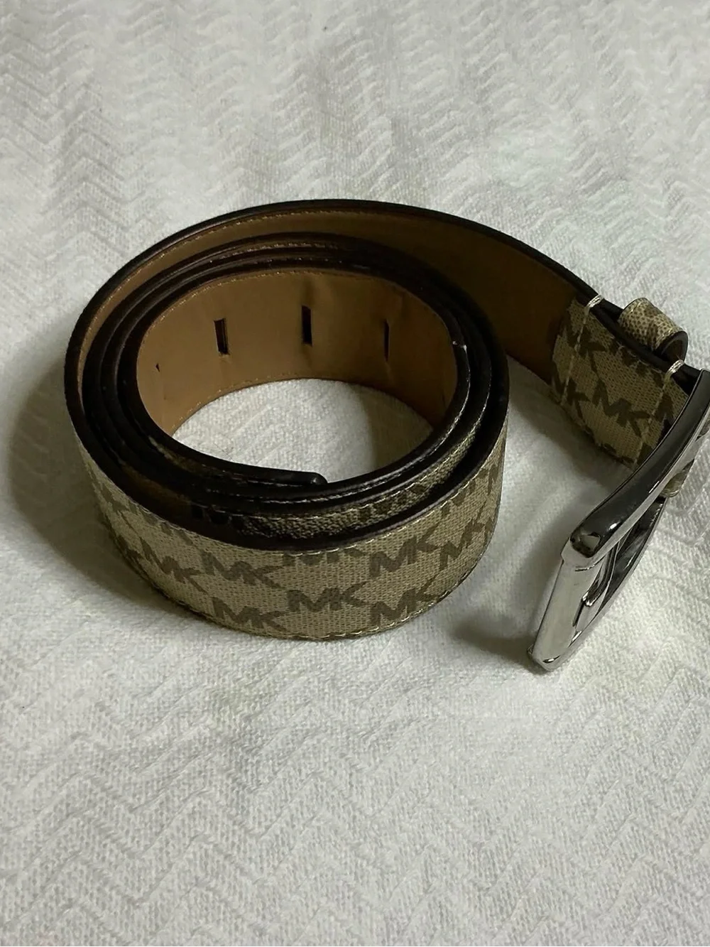 Michael Kors Tan Beige Signature MK Canvas Men's Belt with Silver Buckle
